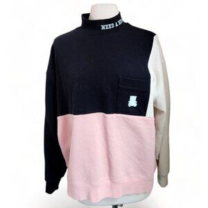 Teddy Fresh Sweatshirt Unisex M Need‎ A Hug Color Block Mock Neck Black Pink